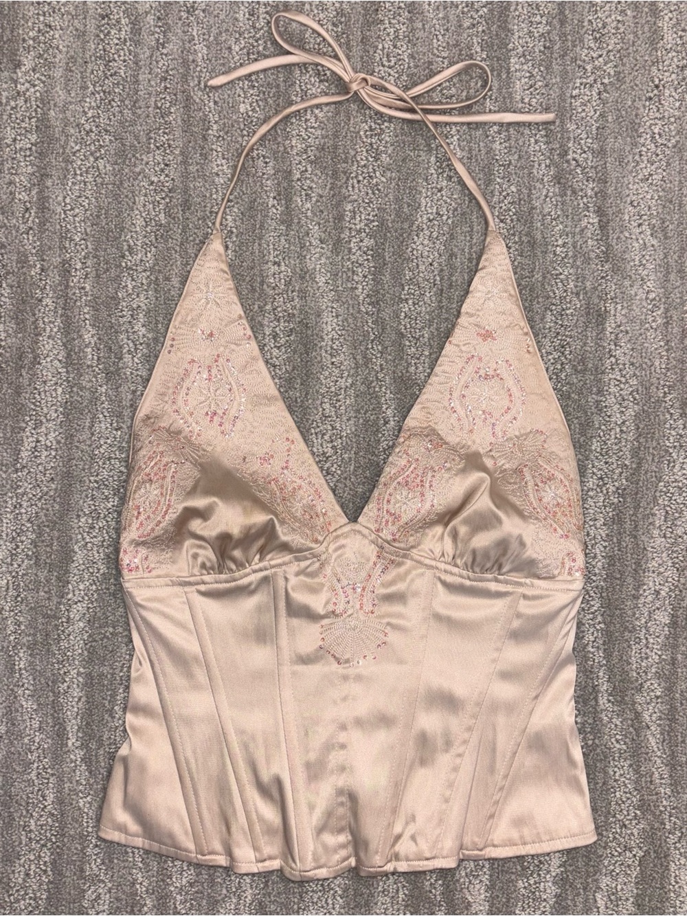Y2K Jane Norman Satin ChampagneCorset Halter Top Sequin Fairy Women’s Sz 10